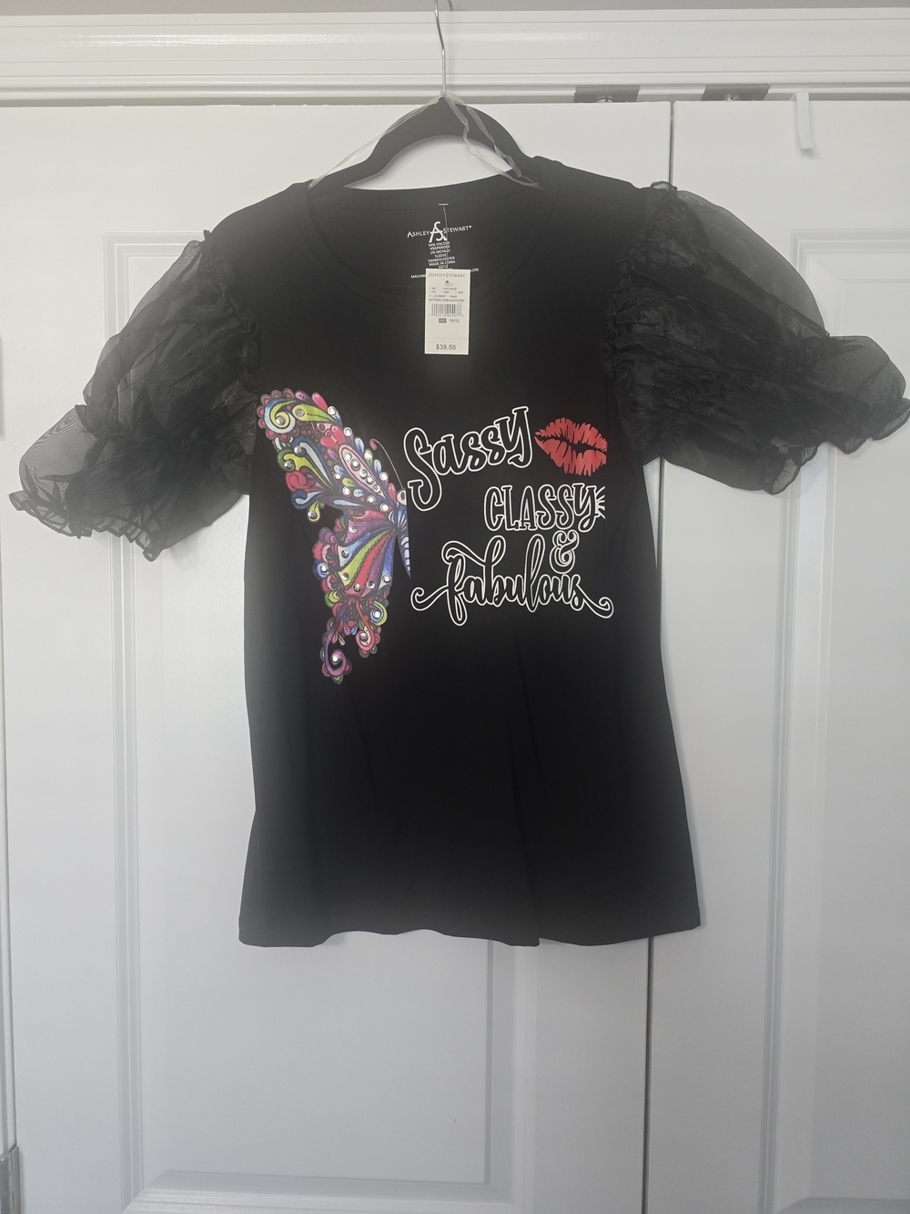 Ashley Stewart Black Graphic Tee with Sheer Puff Sleeves